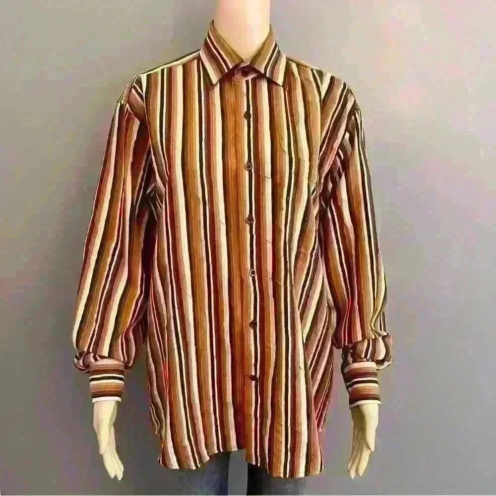 Vintage oversized unisex orange stripes long sleeves button down shirt  blouse